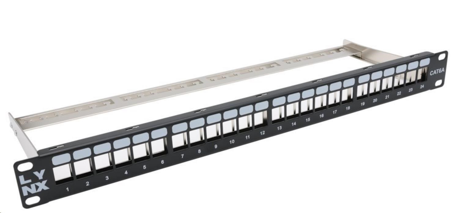 LYNX Patch panel, 19'', 24 portů, 1U, Cat5e/6/6A/7, neosazený, stíněný, vyvazovák, černý