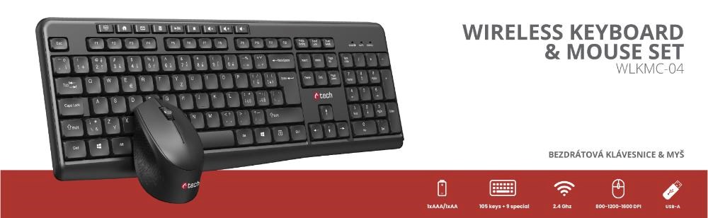 C-TECH klávesnice s myší WLKMC-04, Bezdrátový set 2.4GHz, CZ, Černá