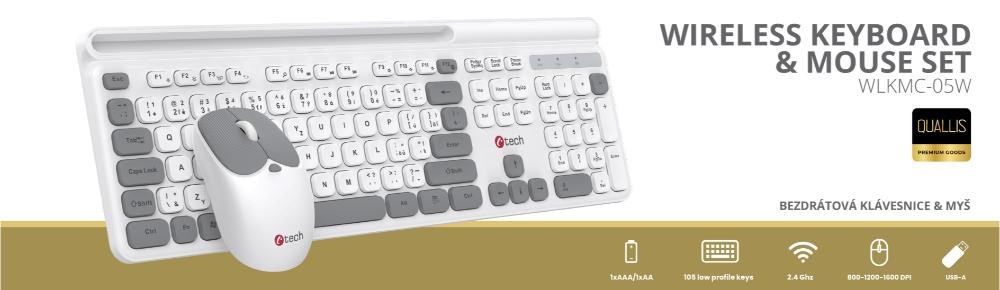 C-TECH klávesnice s myší WLKMC-05W, Bezdrátový set 2.4GHz, CZ, Bílá