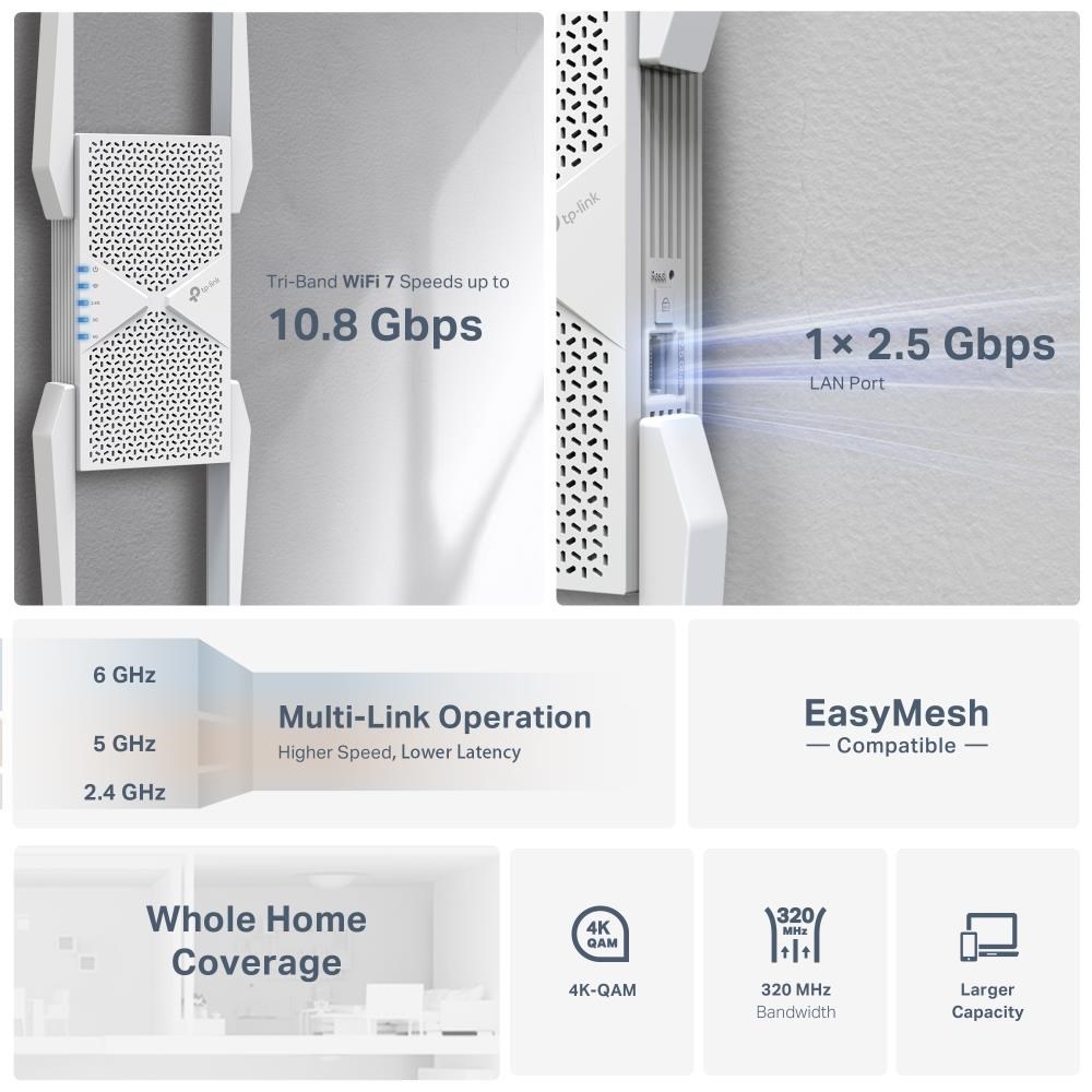 TP-Link RE655BE EasyMesh WiFi7 Extender/Repeater (BE11000,2,4GHz/5GHz/6GHz,1x2,5GbELAN)
