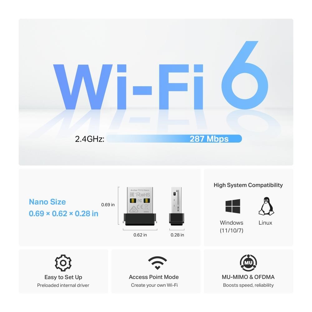 TP-Link Archer TX1U Nano WiFi6 USB adapter (AX300,2,4GHz/5GHz,USB2.0)
