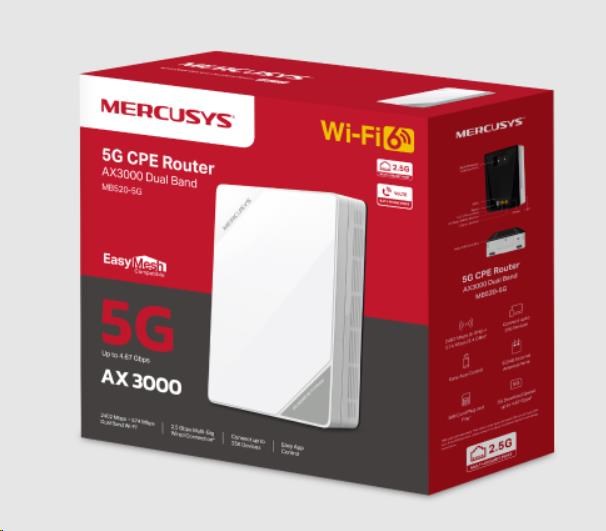 Mercusys MB520-5G WiFi6 EasyMesh router (AX3000, 5G, 4G LTE, 2,4GHz/5GHz,1x2,5GbE LAN/WAN,1xGbE LAN,1xRJ11,1xnanoSIM)