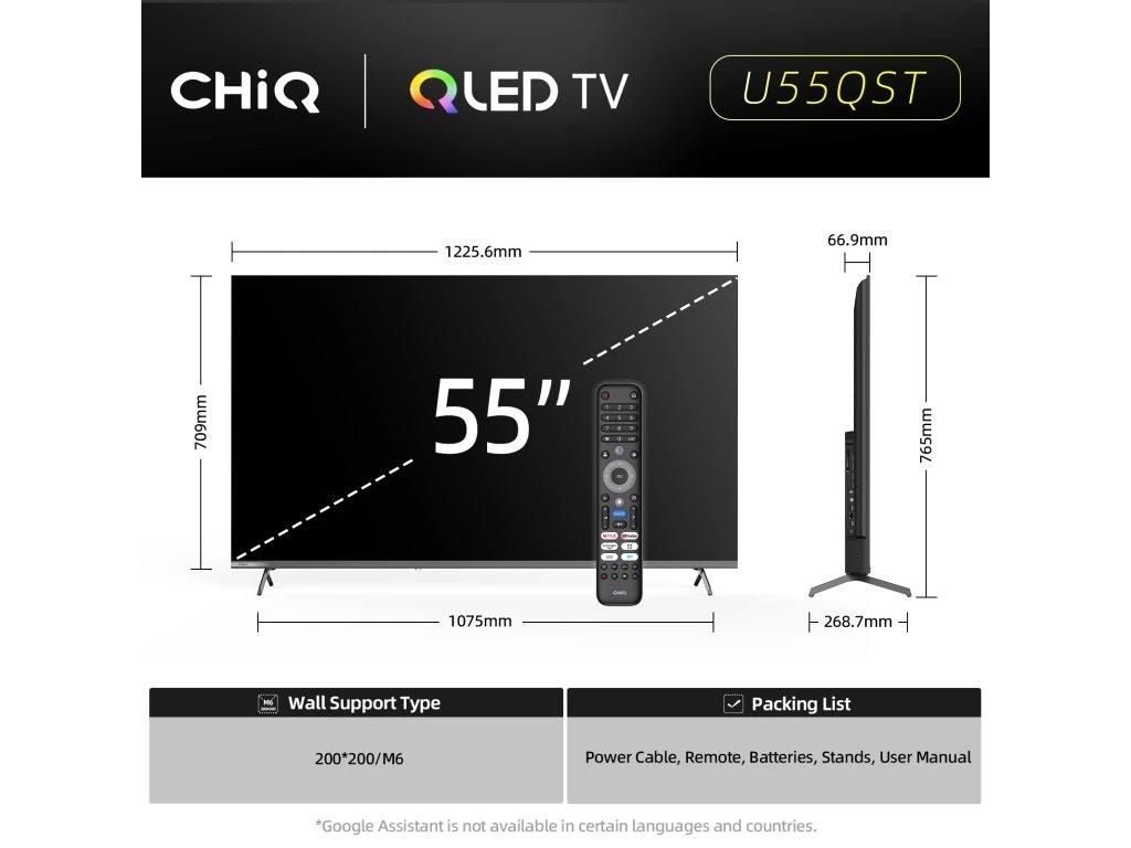 CHiQ U55QST TV 55", UHD, QLED, ultratenká, Google TV, DLG 120 Hz, Dolby Audio, Frameless, metalická