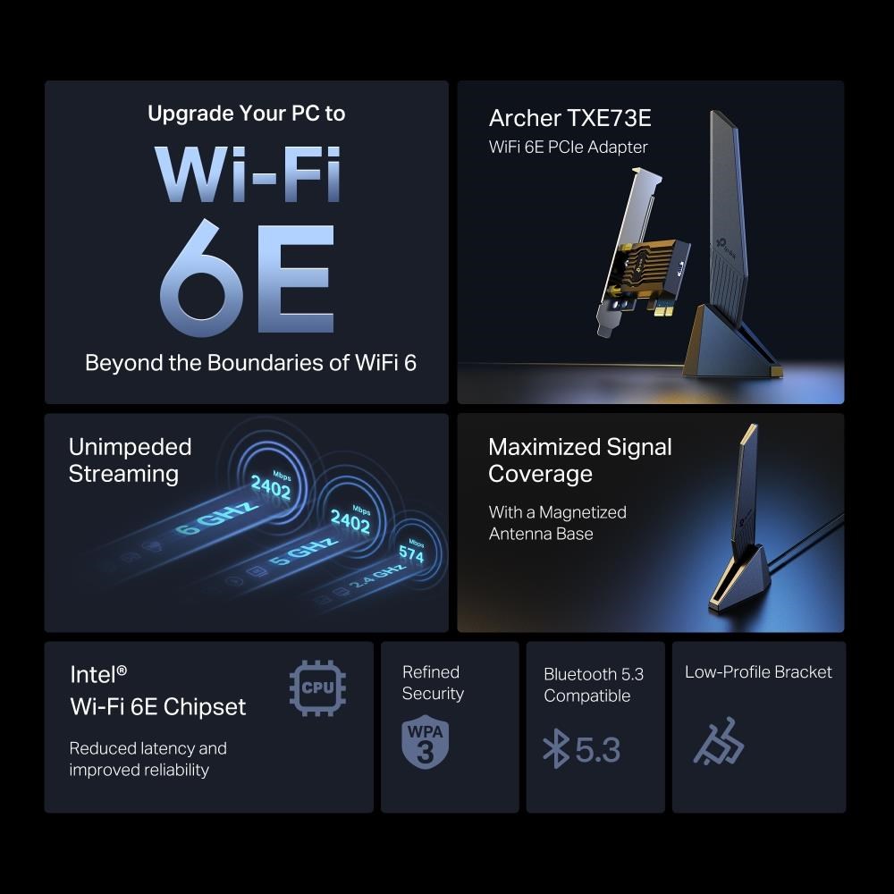 TP-Link Archer TXE73E WiFi6E PCIe adapter (AXE5400,2,4GHz/5GHz/6GHz,Bluetooth5.3)