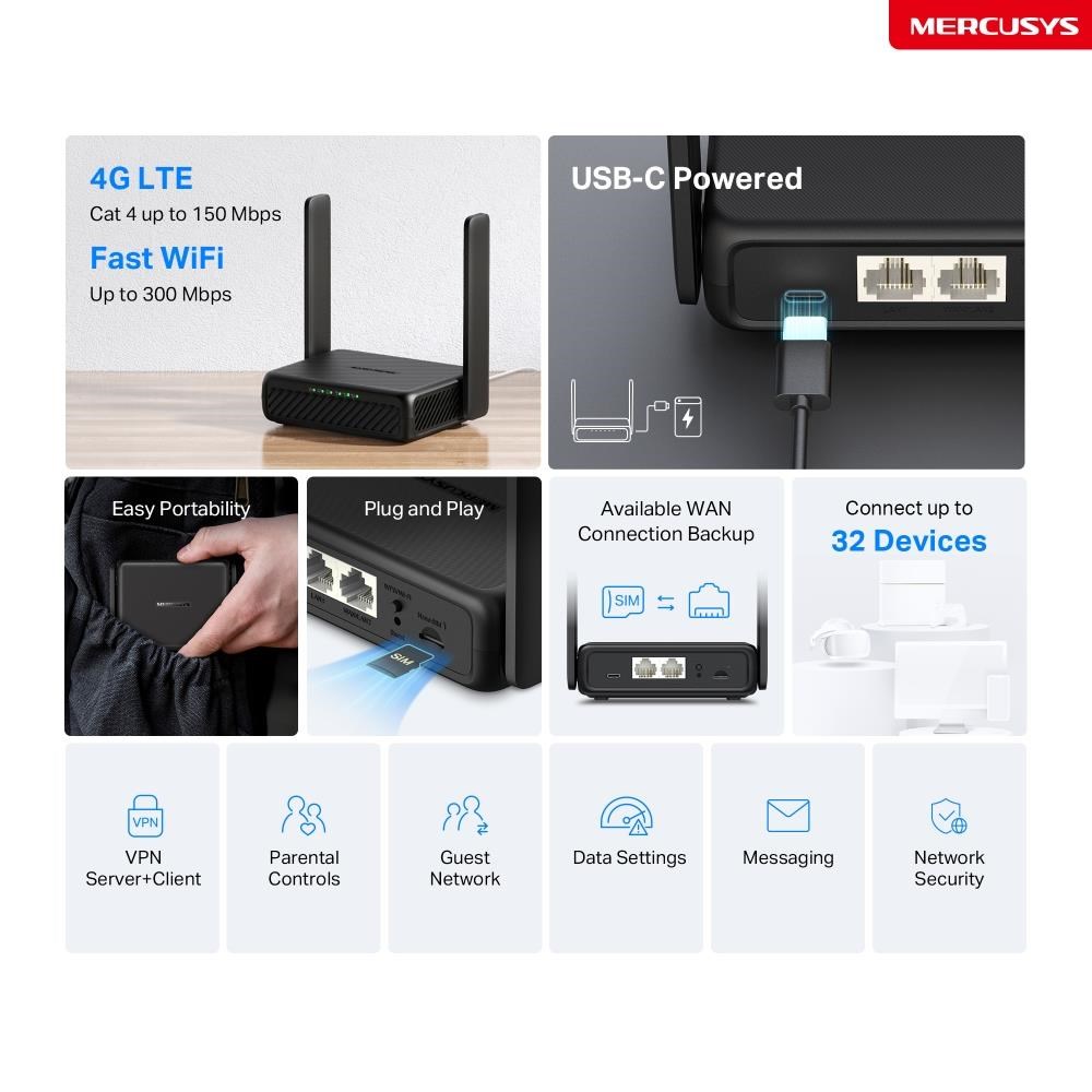 Mercusys MB113-4G WiFi4 router (N300, 4G LTE, 2,4GHz, 1x100Mb/s LAN/WAN,1x100Mb/s LAN,1xnanoSIM)